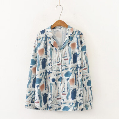 

Retro Print Turn-Down Collar Female Blouse Casual Loose Sweet Long Sleeve Women Tops