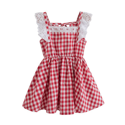 

Summer Girls Plaid Elastic Dresses Fly Sleeve Princess Lace Dress Kids Clothes