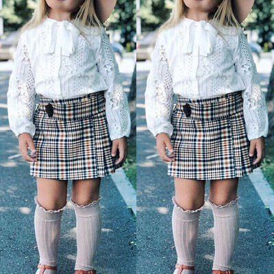 

Princess Kids Baby Girls Long Sleeve Lace Tops Plaids Skirt Dress Clothes Set
