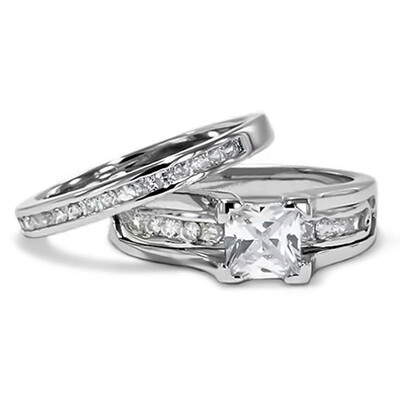

His&Hers Couple Ring Princess Wedding Ring Set Beveled Edge Wedding Band
