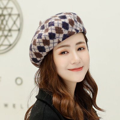 

Hat 2019 autumnwinter new painter hat English temperament hundred fashion wool beret ladies diamond-shaped plaid