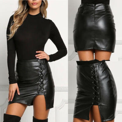 

Sexy Women High Waist Black Leather Package Hip Tight Zip Stretch Mini-skirt