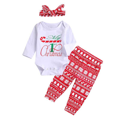 

Toddler Baby Girl Boy Christmas Letter Outfits Sets Infant Cotton Long Sleeve Romper Trousers Headband 3Pcs