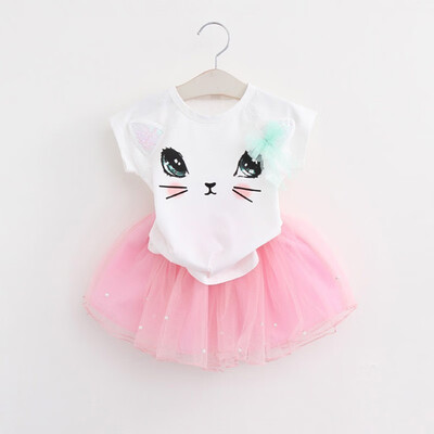 

Girls Sweet Cute Clothing Sets Summer Fashion Style Cartoon Kitten Printed T-ShirtsNet Veil Dress 2Pcs Girls Clothes Sets