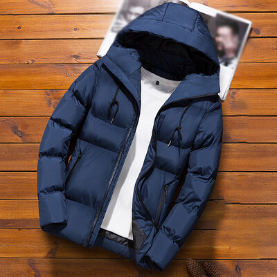 

Mens Solid Color Hooded Casual Cottton Padded Zipper Warm Long Sleeve Overcoat