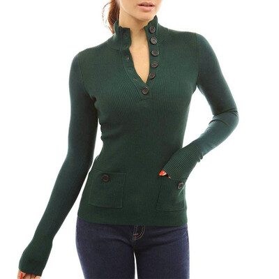 

Autumn Women Patchwork Button Down Knitted Thermal Full Sleeve Top Female Turn Down Collar Shit