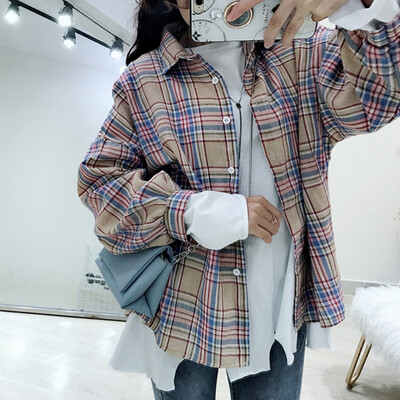 

Spring Autumn Women Blouses Fashion Plaid Casual Lapel Shirt Female Long Sleeve Tops