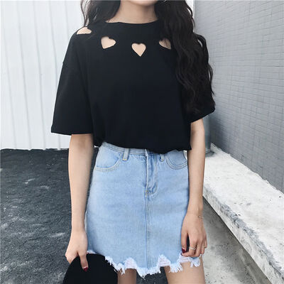 

Summer Women Short Sleeve T-shirts Heart Shape Hollow Solid Loose Tee Shirts O-Neck Women Casual Tee Tops Clothes