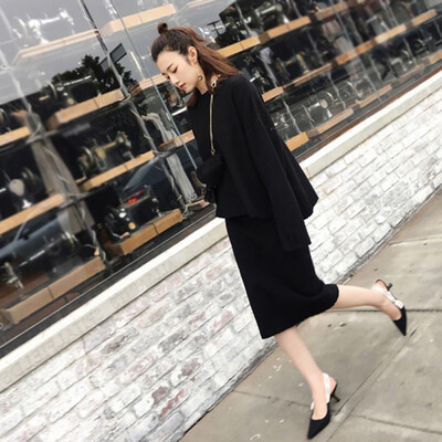 

Fashion Autumn New Women Set Long Knit Two-Piece Bag Hip Round Neck Sweater Suit Solid Color Skirt Slim Autumn Winter Set