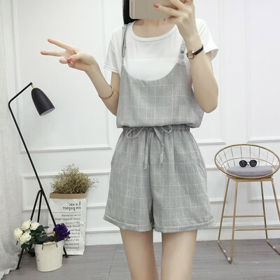 

Women All-match Loose Overall Jumpsuit Short High Waist Plaid Without Tee Mini Overall Women Clothing New