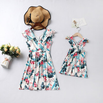 

Family Matching Spring And Summer Outfits Mother And Daughter Ruffles Sleeveless Skirt Flower Printed Dress Color 1207-8T