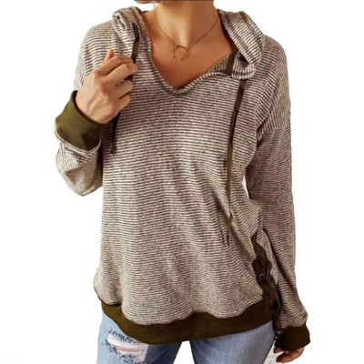 

Spring And Autumn Women Hooded Sweatshirt Solid Color Stripe Long Sleeve Pullover