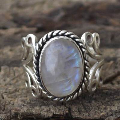 

Women Bohemian Rainbow Moonstone Ring Gifts Retro Jewelry Gemstone Accessory