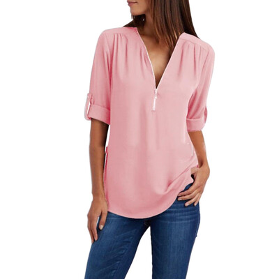 

Plus Size  Womens Blouse Tops Female Casual Long Sleeve Solid Color Loose Chiffon Shirts Blouses Ladies V-Neck Zipper Blouse