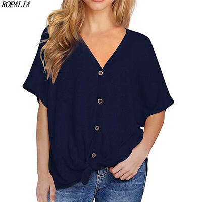 

Summer Batwing Short-sleeved Knit T-Shirts V-neck Hem Twisted Button Top Novel Womens Clothing