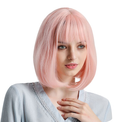 

Gobestart Women Fashion Pink Hot Silk Synthetic Hair Short Hair With Bangs Wig
