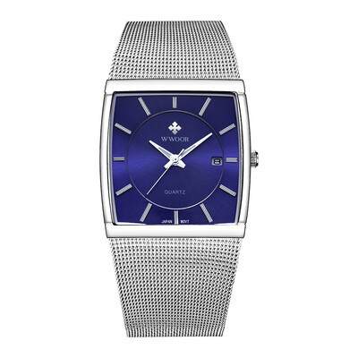 

WWOOR Men Watch Square Quartz Stainless Steel Strap Sport Clock Wristwatch 5ATM Waterproof Calendar Fashion Casual Male Watches