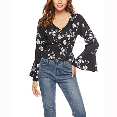 

Casual Long Sleeve Women Blouse&Tops Floral Print Shirts New Autumn Women Shirt Flare Sleeve V-Neck Tops For Women