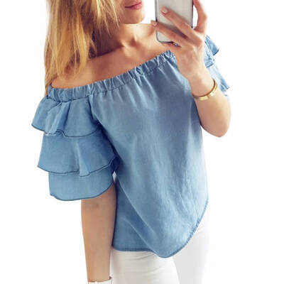 

Women Girls Off Shoulder T-shirt Layer Sleeve Ruffle Blouse Summer Tee Top