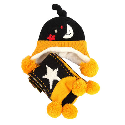

Baby Girls Boy Toddler Kids Winter Scarf Hat set Star&Moon Wool Knitted Crochet Earflap Cap Scarf