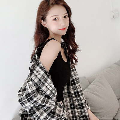 

Women Vintage Plaid Print Lapel Shirt Loose Single-breasted Long Sleeve Elegant Blouse