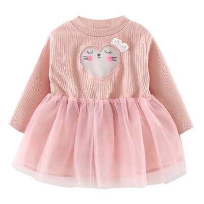 

Autumn Baby Girls Fashion Dress Children Cartoon Heart Pattern Long Sleeve Patchwork Mesh Dress Kids Clothes
