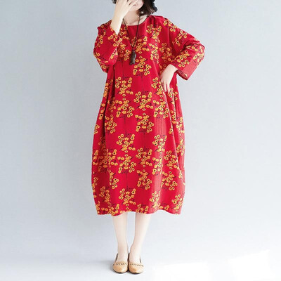 

Vintage Women Cotton Linen Dress O Neck Raglan Three Quarter Sleeve Print Pockets Casual Plus Size Loose Midi Dress