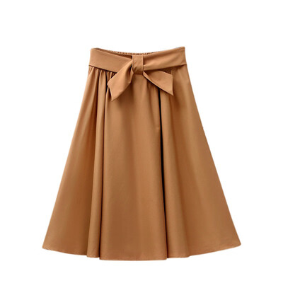 

Elegant Women Skirt High Waist Pleated Knee Length Skirt Vintage A Line Big Bow Red Black Side Zipper Skater Skirts