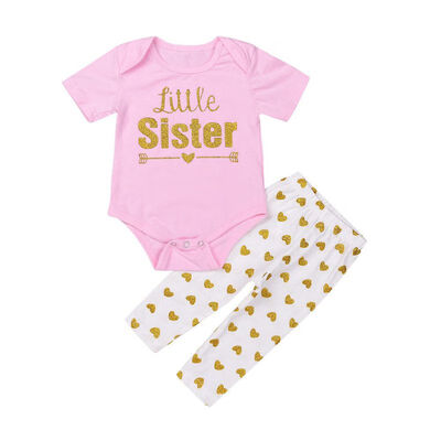 

2PCS Set Sister Match Clothes Big Sister T-shirt Tops Pant Little Sister Baby BodysuitPant Heart Print Outfit Clothes