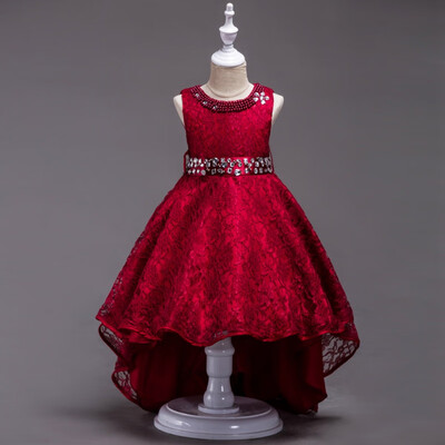 

3-14Y Flower Girl Trailing Bridal Gowns High Quality Girl Pearl Brilliant Tutu Dress Lace Long Princess Dress Party