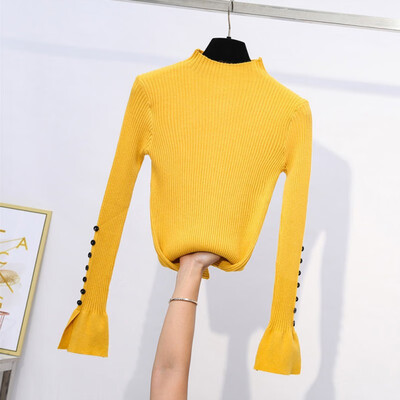 

Women Sweater Solid Color Korean Slim Bell Sleeved Half High Collar Pullover Slim Winter Bottom Knit Autumn Button Sleeve Jumper