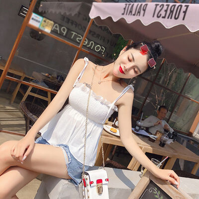 

Women Solid Sleeveless Strapless Slim Chiffon Camisole Fashion Sweet Spaghetti Strap Lace Up Ruffles Camis
