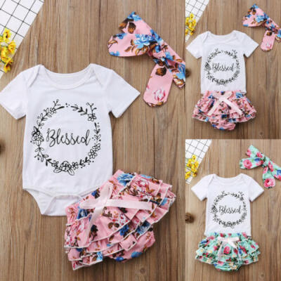 

New Cute Newborn Baby Girls Cotton Tops Romper Floral Shorts 3PCS Outfits Set