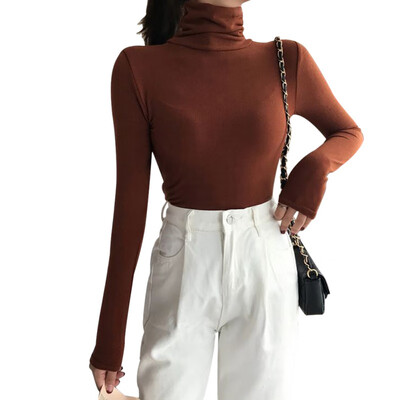 

Women T-shirt Wild Solid Color Turtleneck Pullovers Long Sleeve Slim Fashion T-Shirt Casual Female Streetwear