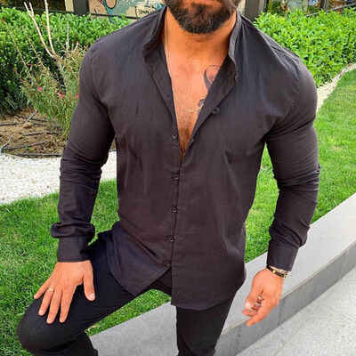 

Men Casual Solid Color Loose Shirt Tops Long Sleeve T-Shirts Button Down Blouse