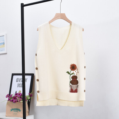 

Autumn Winter New Embroidered Flower Pattern Vest Fashion Sweet V-neck Sleeveless Women Knit Tank Top