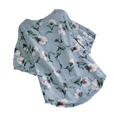 

Womens Floral Print V-Neck Short Sleeve Cotton & Linen Blouse