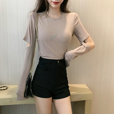 

Casual Women T Shirt Loose Hollow Out Round Collar Spring Solid Color Loose Long Sleeve Casual Simple Wild T-Shirt