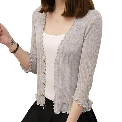 

2019 Top Women Wooden Ear V-Neck Cropped Sleeve Thin Short Openwork Knit Sunscreen Blouse Air Conditioning Shirt Coat Top