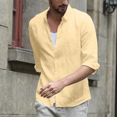 

Toponeto Mens Baggy Linen Blend Solid Color Three Quarter Sleeve Turn-down Collar Shirts