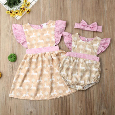 

Newborn Baby Girl Romper Tops Headband Dress Christmas Deer Outfit Clothes Set