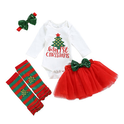

Baby Christmas Clothes Children Clothing Baby Girl Long-sleeved Rompers Net Yarn Skirt Knee-length Headband 4PCS Baby Clothes