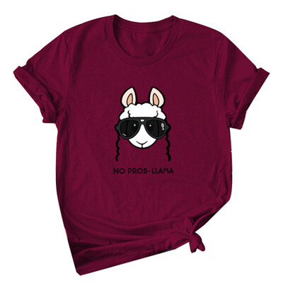 

Cute Cartoon Llama Print Summer Short Sleeve Women T-Shirt Plus Size Basic Top