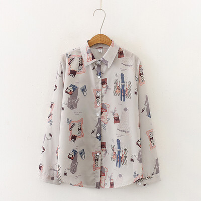 

2019 New Graffiti Print Shirt Fashion Students Style Long Sleeve Tops&Blouses Womens Sweet Blouse