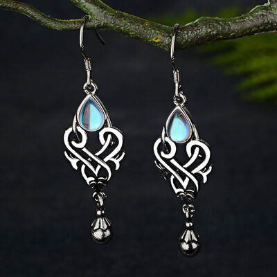 

Women Vintage Jewelry 925 Sterling Silver Colorful Moonstone Earrings Gemstone Dangle Hook Stud Earring Engagament Wedding Gift