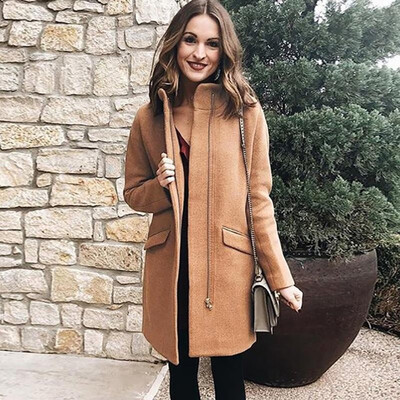 

Fashion Women Winter Solid Color Woolen Coat Longline Turn-Down Collar Long Sleeve Zipper Splicing Casual Jacket Outerwear