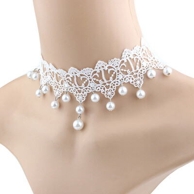 

Fashion Women Gothic White Flower Lace Pearl Pendant Choker Necklace Jewelry