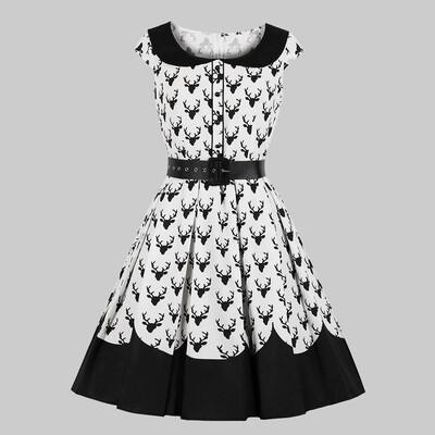 

Tailored Women Christmas Dress Round Collar Vintage Print Dress With a Belt