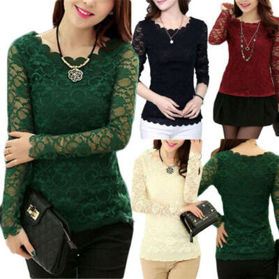 

Womens O Neck Lace Hollow Long Sleeve Tops Summer Cool Plain Tee Shirt Blouse AU