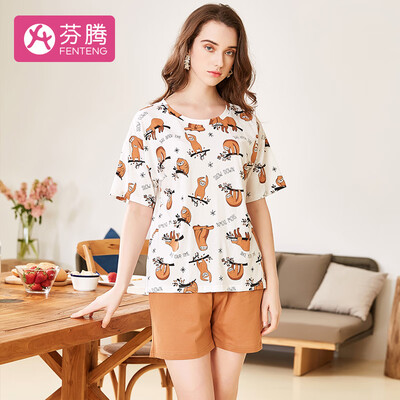 

Fen Teng 2019 new casual simple pattern printing round neck pullover cotton long-sleeved home service ladies pajamas X980A21846 white M